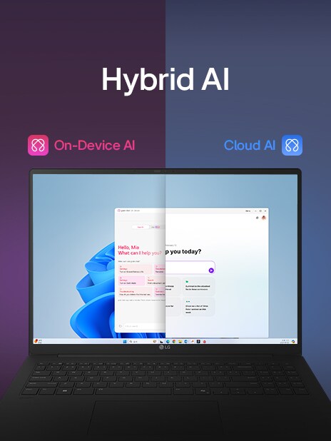 Ein Bild mit geteiltem Bildschirm, das „Hybrid-KI“ mit zwei verschiedenen Modi zeigt: „On-Device-KI“ auf der linken Seite, dargestellt durch ein pinkfarbenes Symbol, und „Cloud-KI“ auf der rechten Seite, dargestellt durch ein blaues Symbol. Auf dem Bildschirm wird eine KI-Schnittstelle angezeigt, die eine nahtlose KI-Funktionalität in beiden Modi symbolisiert.