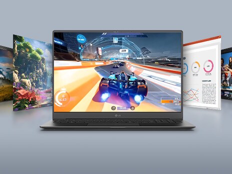 Ein Laptop, auf dessen Bildschirm eine actionreiche Fußballszene mit dem hervorgehobenen Text „31–144Hz“ zu sehen ist, umgeben von weiteren Bildschirmen mit verschiedenen visuellen Darstellungen. Diese Konfiguration betont die Vielseitigkeit von Spielen und Multimedia mit einer variablen Bildwiederholfrequenz.
