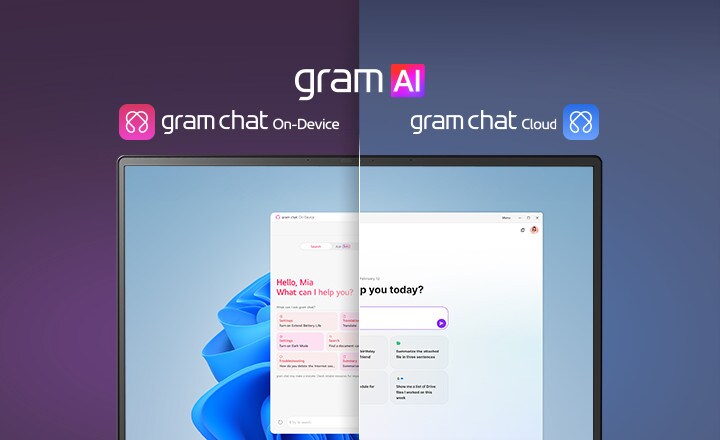 Ein Bild mit geteiltem Bildschirm, das „gram AI“ mit zwei verschiedenen Modi zeigt: „gram chat On-Device“ auf der linken Seite, dargestellt durch ein pinkfarbenes Symbol, und „gram chat Cloud“ auf der rechten Seite, dargestellt durch ein blaues Symbol. Auf dem Bildschirm wird eine KI-Schnittstelle angezeigt, die eine nahtlose KI-Funktionalität in beiden Modi symbolisiert.