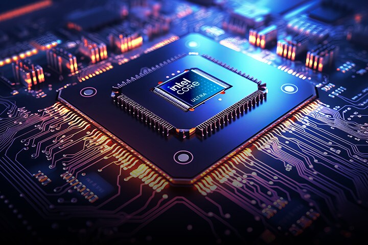Nahaufnahme eines Intel Core Ultra-Prozessors, der in eine Hightech-Platine eingebettet ist. Der Chip ist von einem komplexen Schaltkreis mit leuchtenden orangen und blauen Lichtern umgeben, was eine futuristische und leistungsstarke Ästhetik erzeugt.