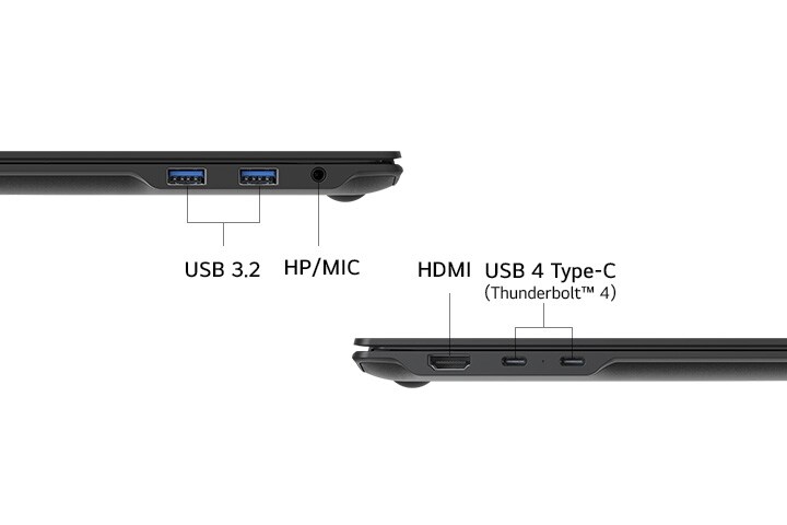 Eine Seitenansicht eines Laptops mit seinen Anschlüssen, einschließlich USB 3.2, Kopfhörer-/Mikrofon-Kombibuchse (HP/MIC), HDMI und USB 4 Type-C (Thunderbolt™ 4). Das klare Layout hebt die vielseitigen Optionen für die Konnektivität hervor.