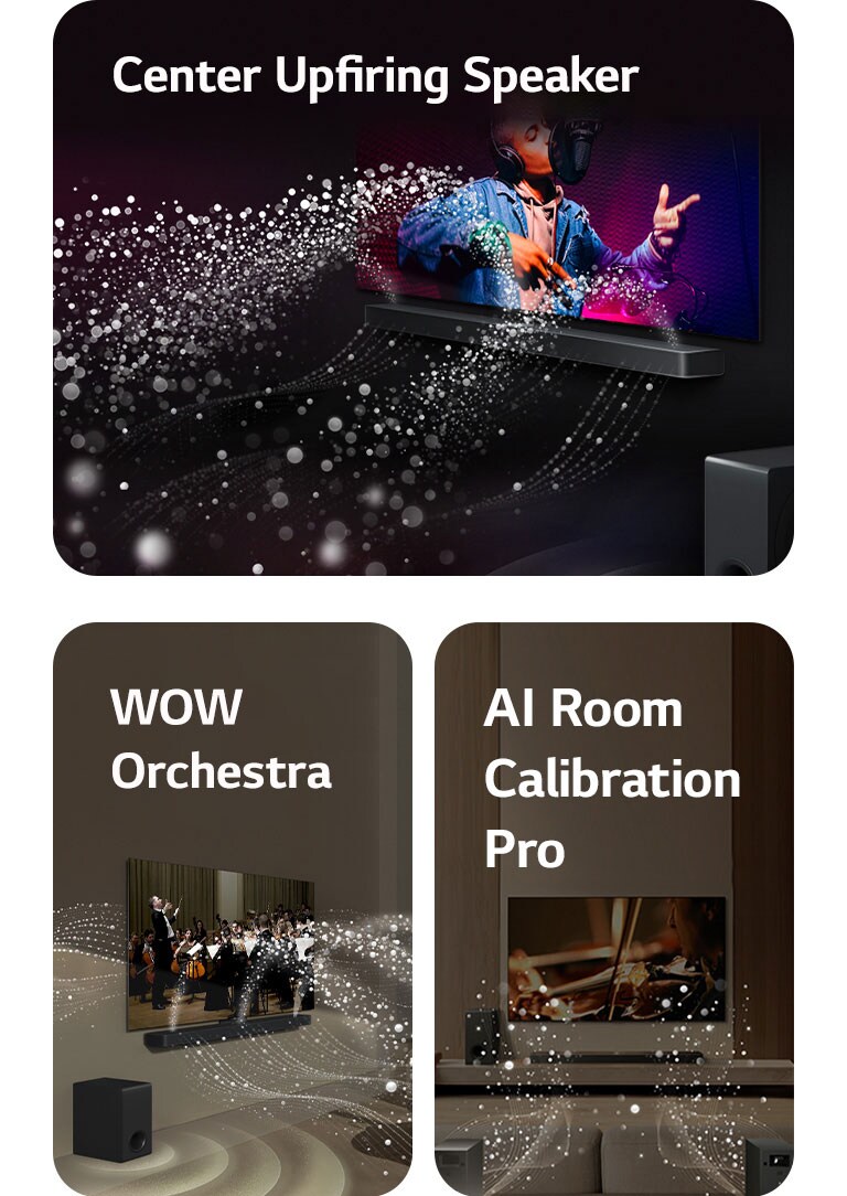 Ein Bild eines LG TVs und einer LG Soundbar in einem schwarzen Zimmer, wobei eine Musikaufführung abgespielt wird. Weiße Tröpfchen, die Schallwellen darstellen, schießen von der Soundbar wie bei deinem Wasserfall nach oben und nach vorne.  Ein Bild eines LG TVs und einer LG Soundbar in einem Wohnzimmer, wobei eine Musikaufführung abgespielt wird. Weiße Tröpfchen, die Schallwellen darstellen, schießen von der Soundbar nach oben und nach vorne und werden vom Fernseher projiziert, um die einzigartigen Klangpaletten der Lautsprecher des Fernsehers und der Soundbar zu zeigen.   Ein Bild von einem LG TV, einer LG Soundbar und hinteren Lautsprechern in einem Wohnzimmer. Weiße Klangwellen aus Tröpfchen zeigen das harmonische Zusammenspiel der hinteren Lautsprecher und der Soundbar.