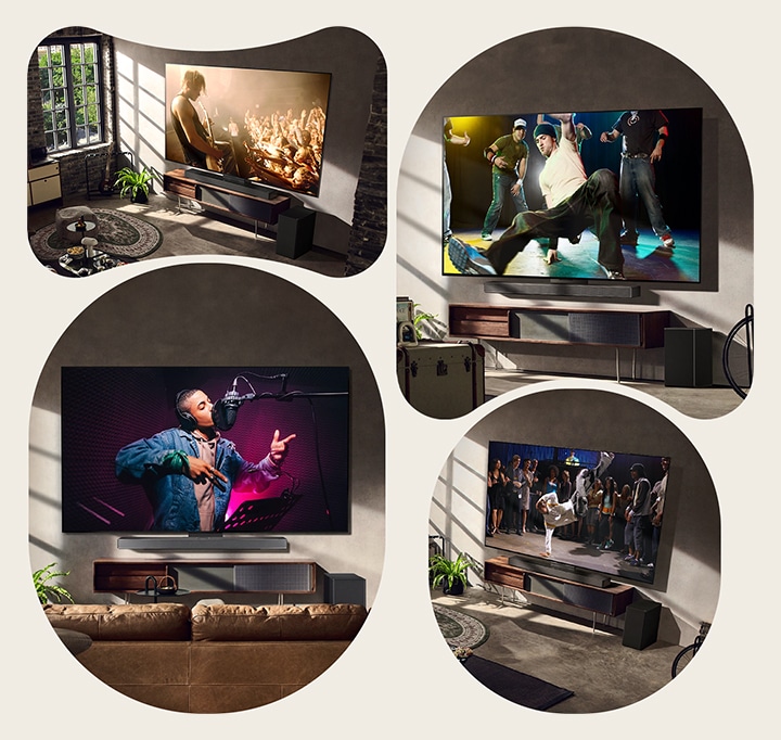 There are three lifestyle images. From top to bottom: three men are enjoying a concert video in the living room. There's an LG TV on the wall displaying a music recording scene, and the LG TV on the wall showing a breaking dance scene in a diagonal view.