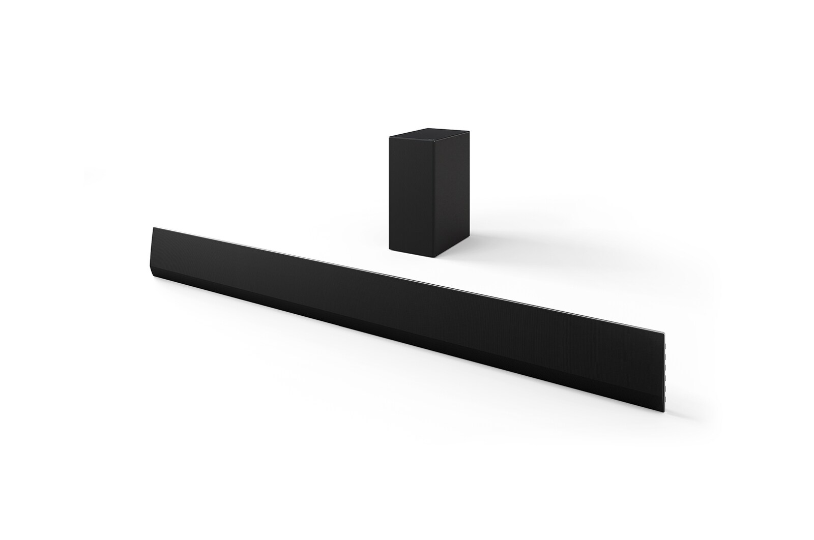 Schrägansicht der LG Soundbar SG10TY und des Subwoofers