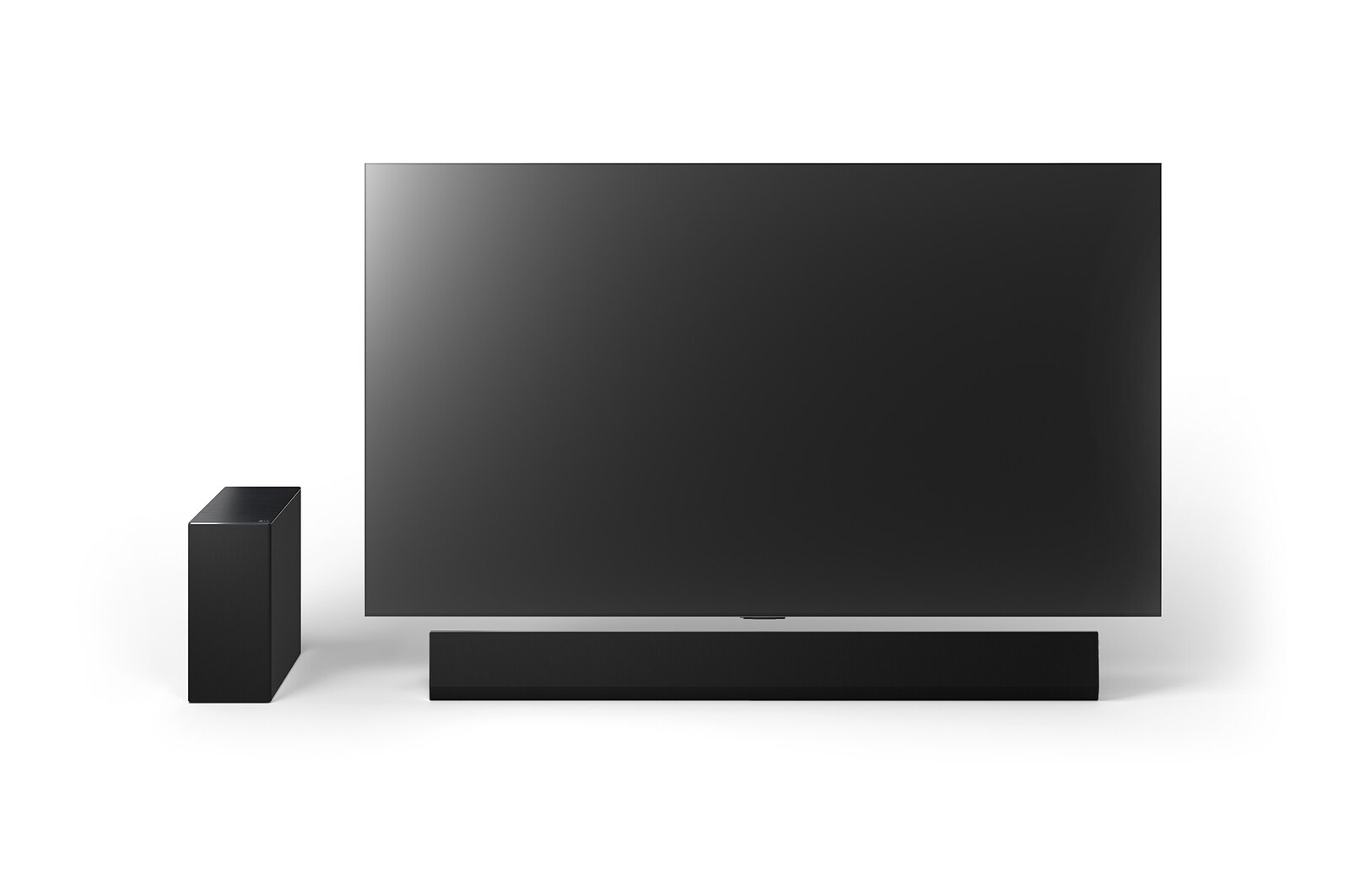 Frontansicht des 77 Zoll LG OLED G4, der LG Soundbar SG10TY und des Subwoofers