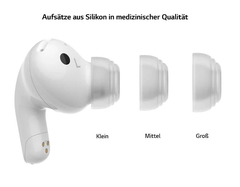 Eine Seitenansicht des Ohrhörers mit den drei Größen der Gelkappen.