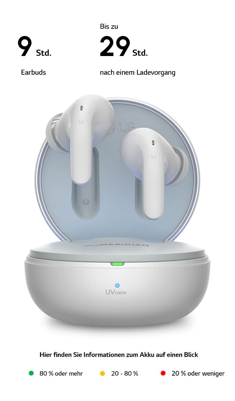 Die Ohrstöpsel schweben über einer offenen Ladestation. Daneben befinden sich Symbole mit den verschiedenen Farben, die die Ladestation anzeigt. So sehen Sie den Akkustand auf einen Blick. Ein grünes Licht bedeutet 80 % oder mehr. Ein gelbes Licht bedeutet 20-80 %. Ein rotes Licht bedeutet 20 % oder weniger.