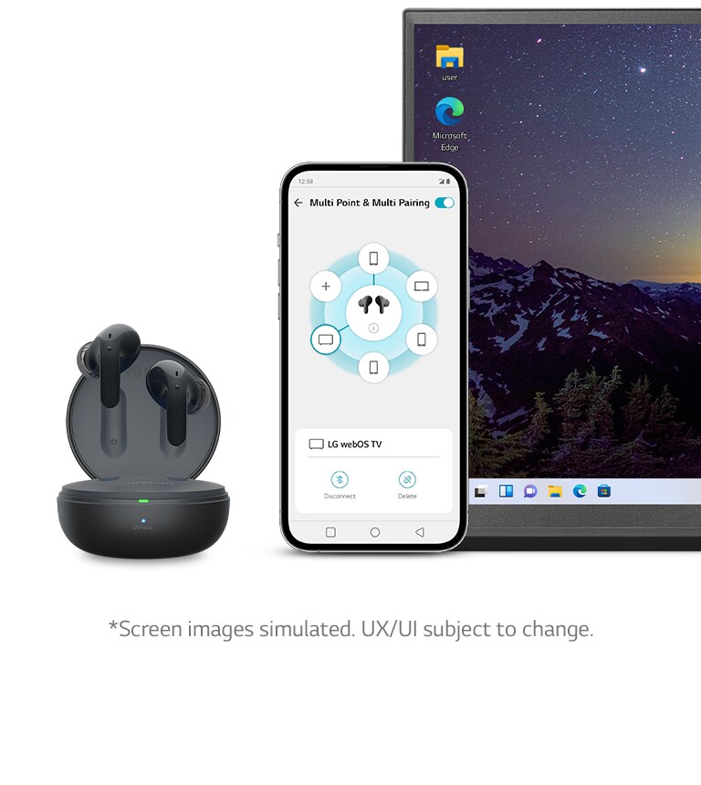 Die Ohrhörer schweben über einem offenen Gehäuse. Neben ihnen ist ein Smartphone mit einem Video auf dem Bildschirm angezeigt. Daneben befindet sich ein Laptop, das einfaches Verbindungs-Switching anzeigt.