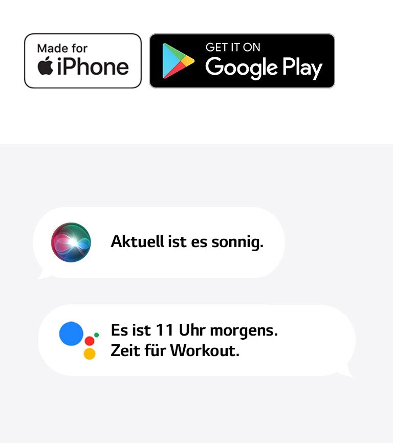 App Store Logo. Google Play Store Logo. Ein Bild von Siri, die sagt „Es ist sonnig“ und Google Assistant, der sagt: „Es ist 11 Uhr morgens. Zeit für den Workout.“