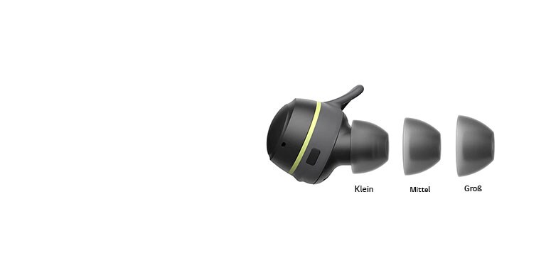Ein TONE Free Fit Ohrhörer ist von der Seite zu sehen mit kleinen, mittleren und großen Gelkappen.