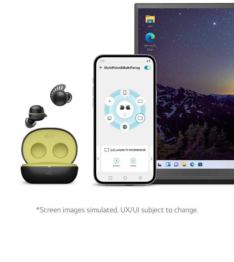 Der Deckel des TONE Free Fit Gehäuses öffnet sich und zeigt in der Luft schwebende Ohrhörer mit einem Smartphone und einem Laptop an der Seite. Das Smartphone zeigt den Multi Point- und Multi Pairing-Menü-Bildschirm an.