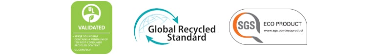 Von links nach rechts: UL VALIDATED (Logo), Global Recycled Standard (Logo), SGS ECO PRODUCT (Logo).