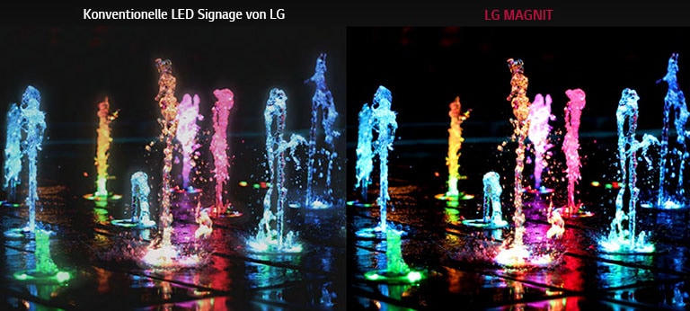 Bodenbrunnen in verschiedenen Farben, um den Unterschied zwischen der konventionellen LED Signage von LG und LG MAGNIT hinsichtlich Kontrastverhältnis und Schärfe zu zeigen