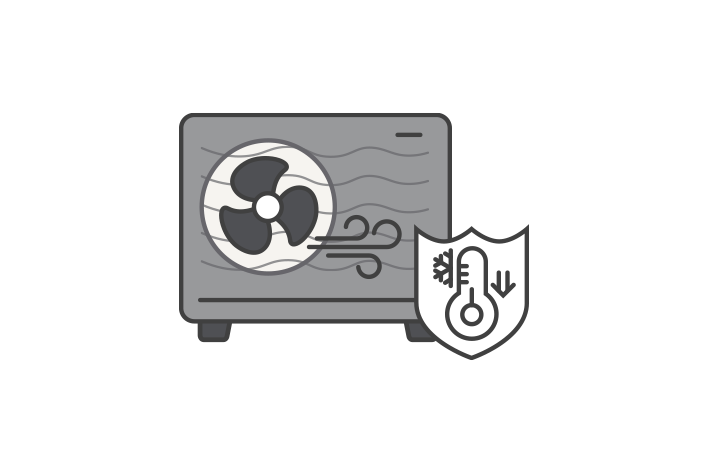 Ein Icon zeigt die schwarze Außeneinheit der Wärmepumpe (Monobloc) mit einem Thermometer-Symbol unten rechts. Es steht für eine gute Leistung auch bei niedrigen Temperaturen.	