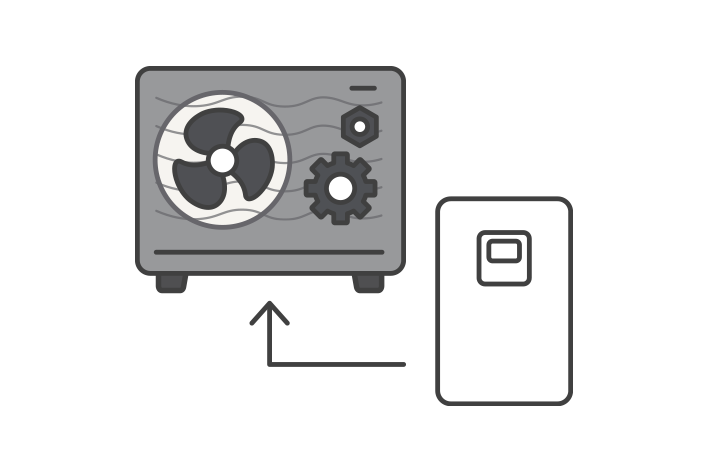 Ein Icon zeigt die schwarze Außeneinheit der Wärmepumpe (Monobloc), verbunden mit Komponenten durch einen Pfeil. Es steht für einfache Installation und Platzersparnis.	