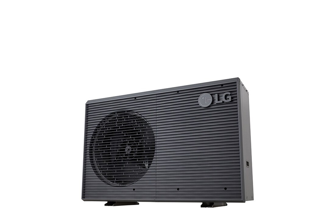 LG Luft-Wasser-Wärmepumpen HM071MRS UA40, Ansicht unten rechts einer schwarzen Außeneinheit mit grauem wellenförmigen Gitter.