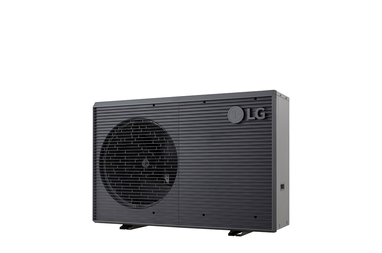 LG Luft-Wasser-Wärmepumpen HM071MRS UA40, Ansicht aus rechter Ecke einer schwarzen Außeneinheit mit grauem wellenförmigen Gitter.