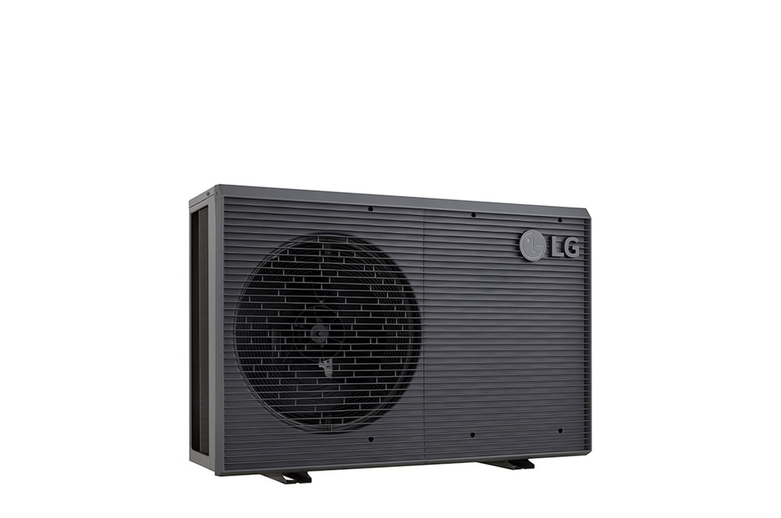 LG Luft-Wasser-Wärmepumpen HM071MRS UA40, Ansicht aus linker Ecke einer schwarzen Außeneinheit mit grauem wellenförmigen Gitter.