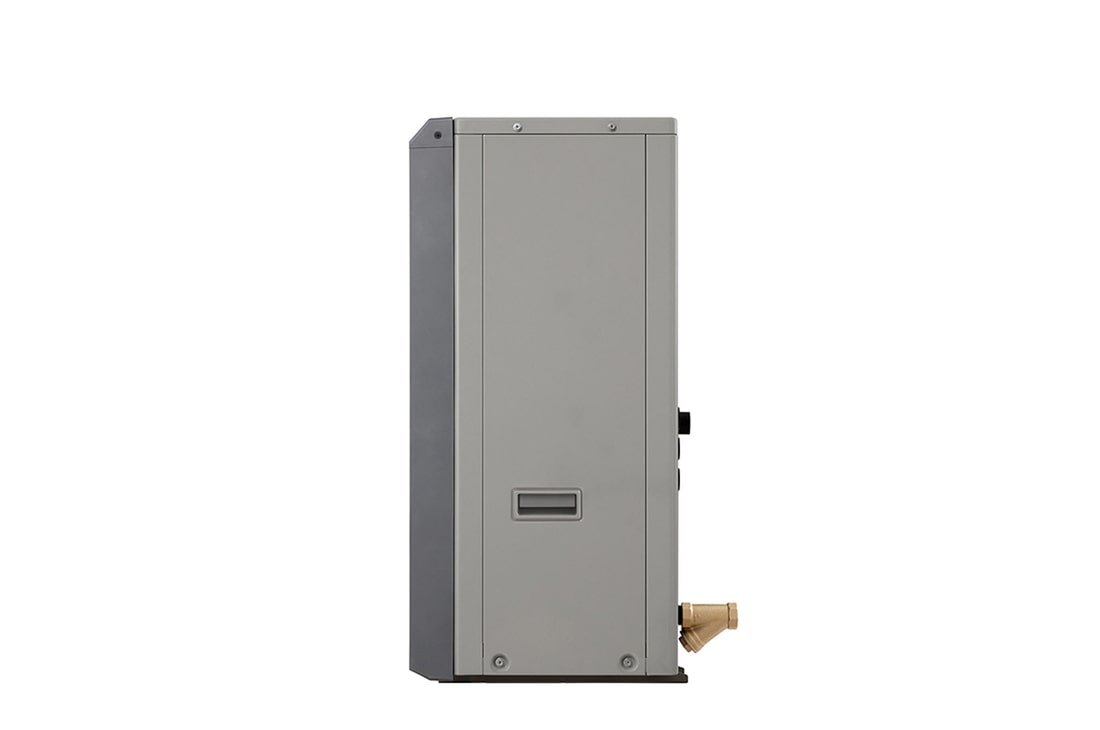 LG Luft-Wasser-Wärmepumpen HM071MRS UA40, rechte Seitenansicht einer schwarzen Außeneinheit mit grauem wellenförmigen Gitter und Lufteinlass.