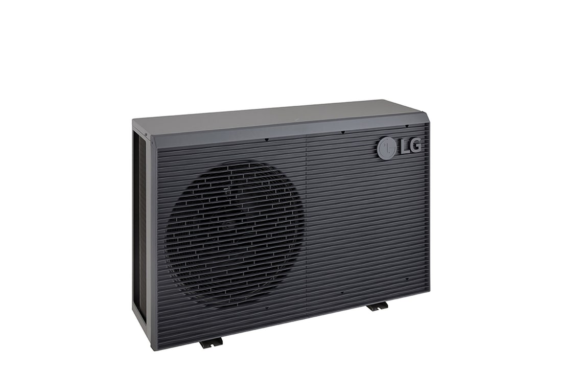 LG Luft-Wasser-Wärmepumpen HM071MRS UA40, Ansicht oben links einer schwarzen Außeneinheit mit grauem wellenförmigen Gitter.