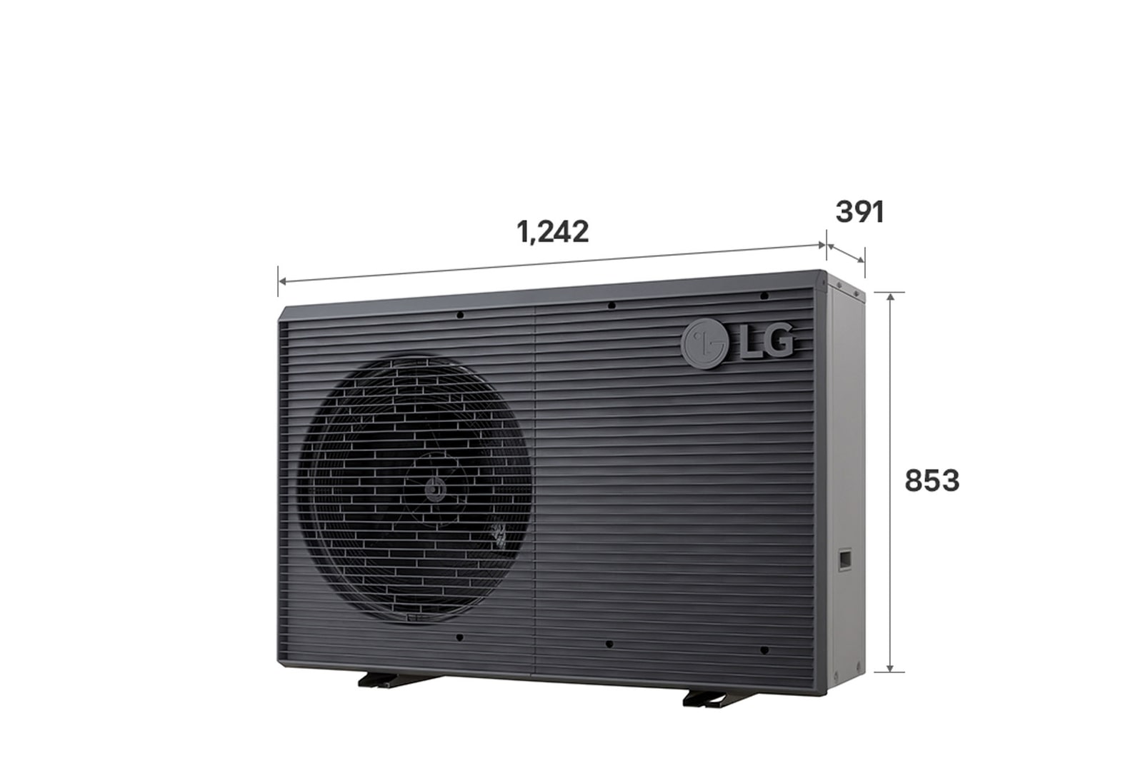 LG Luft-Wasser-Wärmepumpen HM071MRS UA40, mit beschrifteten Abmessungen, schwarze Außeneinheit mit grauem wellenförmigen Gitter.