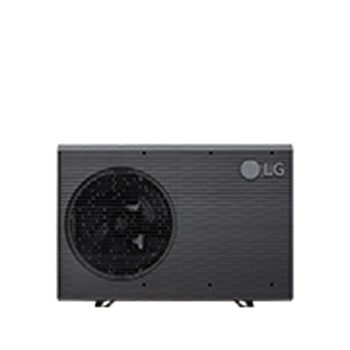 LG Luft-Wasser-Wärmepumpen HM071MRS UA40, Vorderansicht einer schwarzen Außeneinheit mit grauem wellenförmigen Gitter.