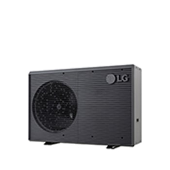 LG Luft-Wasser-Wärmepumpen HM071MRS UA40, Ansicht aus rechter Ecke einer schwarzen Außeneinheit mit grauem wellenförmigen Gitter.