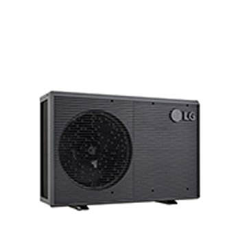 LG Luft-Wasser-Wärmepumpen HM071MRS UA40, Ansicht aus linker Ecke einer schwarzen Außeneinheit mit grauem wellenförmigen Gitter.