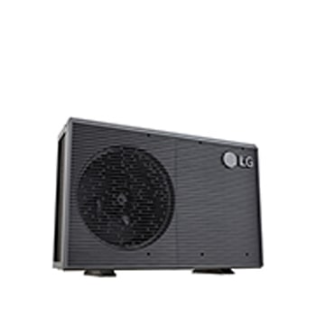 LG Luft-Wasser-Wärmepumpen HM071MRS UA40, Ansicht unten links einer schwarzen Außeneinheit mit grauem wellenförmigen Gitter.