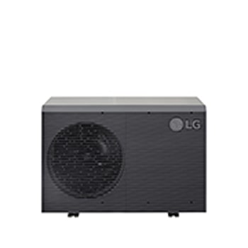 LG Luft-Wasser-Wärmepumpen HM071MRS UA40, Ansicht oben vorne einer schwarzen Außeneinheit mit grauem wellenförmigen Gitter.