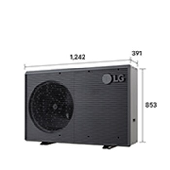 LG Luft-Wasser-Wärmepumpen HM071MRS UA40, mit beschrifteten Abmessungen, schwarze Außeneinheit mit grauem wellenförmigen Gitter.