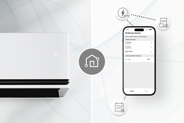 Eine Klimaanlage und ein Smartphone mit LG ThinQ™-Bildschirm. Rund um das Mobiltelefon werden Symbole angezeigt, die ThinQ-Funktionen vorstellen.