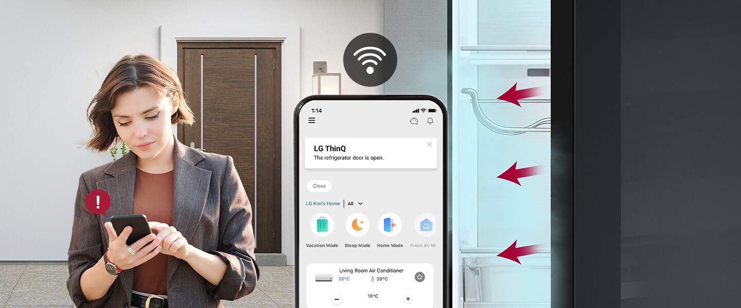 Auf der linken Seite kommt die Frau nach Hause und prüft mit dem Smartphone den Zustand des Kühlschranks. In der Mitte ist ein Smartphone-Bildschirm zu sehen. Auf der rechten Seite ist der Kühlschrank geöffnet und der kühlende Wind kommt aus der Tür.