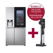 LG Side-by-Side mit InstaView Door-in-Door ™ | Eis-, Crushed Ice- und Wasserspender | 635 Liter Kapazität | Interner Wassertank 4L | Brushed Steel | GSXV91BSAE & Handstaubsauger mit zwei Akkus I Full Black I Wischaufsatz I LG CordZero® A9K-ULTRA1B, GSXV91BSAE.A9K1B