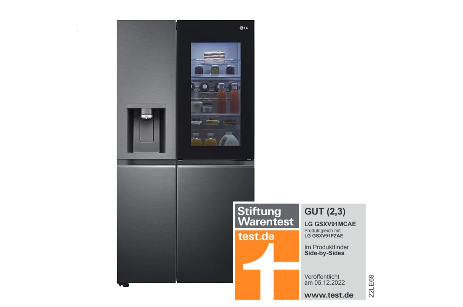 LG Side-by-Side Kühlschrank mit InstaView Door-in-Door® (E, 635L, 179cm hoch) mit Eis-, Crushed Ice- und Wasserspender & internem Wassertank | GSXV91MCAE , GSXV91MCAE