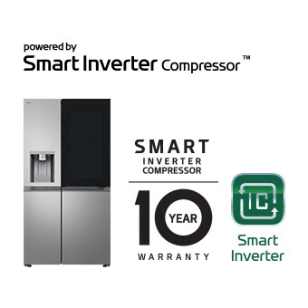 Produktabbildung mit Smart Inverter Compressor®-Logo  und „10 Jahre Garantie“-Logo.