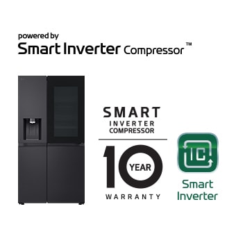 Produktabbildung mit Smart Inverter Compressor™-Logo  und „10 Jahre Garantie“-Logo.