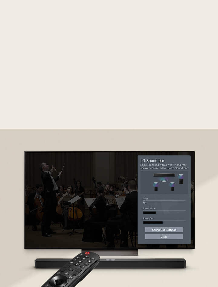 Sullo schermo si vede un concerto. Il menu WOW Interface viene visualizzato in sovrapposizione e l'utente accede alle impostazioni della soundbar.