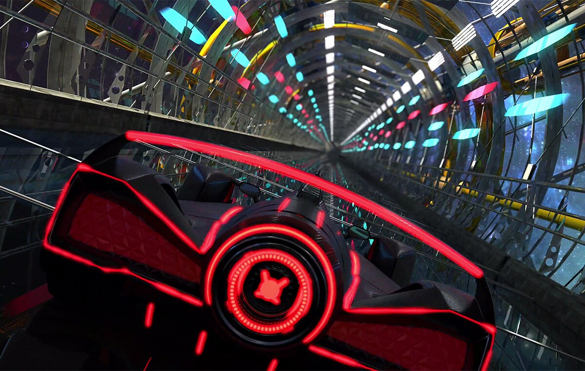 A car racing through multi color light tunnel at great speed in smooth motion with 160Hz refresh rate in comparison to the racing gaming with 60Hz