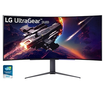 LG UltraGear OLED, ein 240Hz-Gaming-Monitor, der mit dem CES 2023 Award ausgezeichnet wurde und eine Raumschiff-Grafik zeigt.