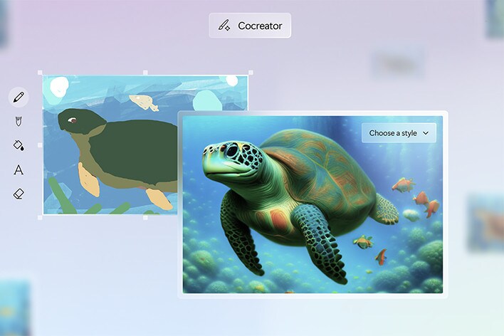 Auf einem Laptop-Bildschirm erscheint ein Pop-up mit der Aufschrift „Copilot Cocreator“. Auf der linken Seite des Bildschirms ist eine einfache Skizze zu sehen, auf der rechten Seite die KI-generierte, vollständig detaillierte Version des Bildes.
