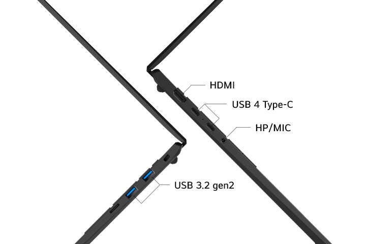 Das Bild zeigt die seitlichen Anschlüsse eines Laptops, einschließlich HDMI, USB 4 (Thunderbolt™ 4) und USB 3.2 Gen2. Es zeigt die vielseitigen Möglichkeiten der Konnektivität des Laptops.