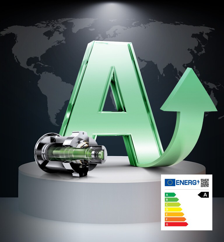 Weltkarte (schwarz/grau), grünes "A" auf Bühne, LG Kompressor daneben. Energie-Label links unten: höchste Effizienz.