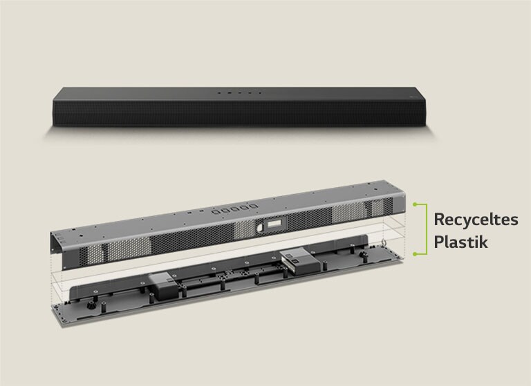 Es gibt eine Frontalperspektive der Soundbar von hinten und eine Abbildung des Metallrahmens der Soundbar von vorne. Ein schräger Blick auf die Rückseite des Metallrahmens der Soundbar mit der Aufschrift „Recycelter Kunststoff“ an der Kante des Rahmens.	