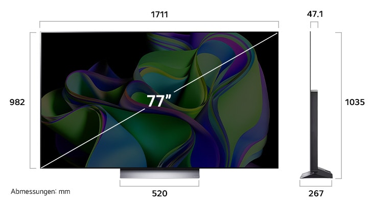 Abmessungen des 77" LG OLED evo AI C3: Breite 1711 mm, Höhe 982 mm, Tiefe 47,1 mm, Standfuß: 520×267 mm