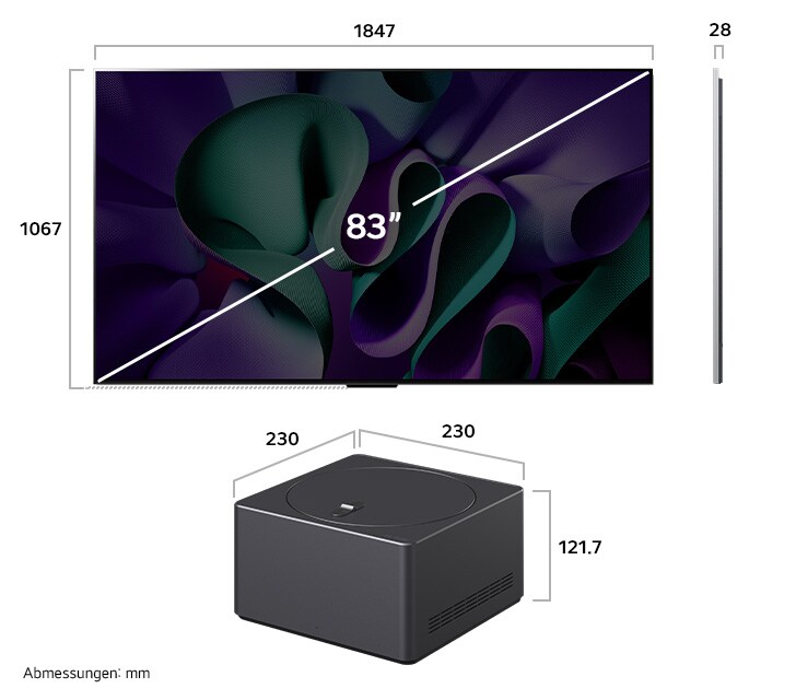 83 Zoll LG OLED evo AI M4 4K Smart TVmit Zero Connect Box, Dimensionen: 1847×1067×28 mm / 230×230×121,7 mm, Front- & Seite.