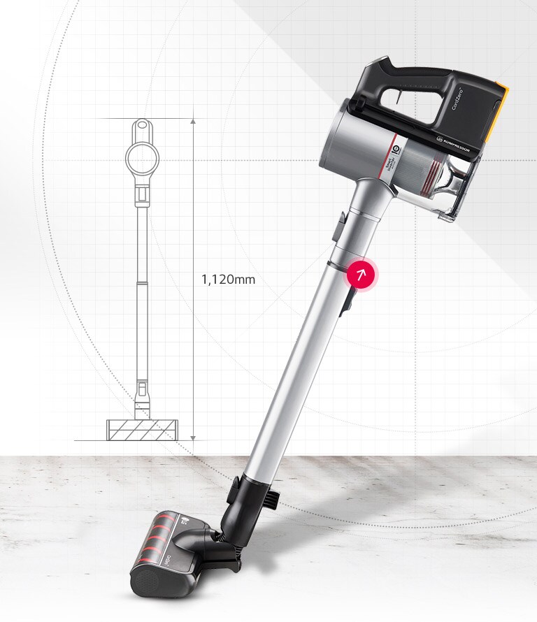 Seitenansicht des Produkts mit einem Pfeil auf der Stange, der die 4-stufige Ausziehfunktion anzeigt. Die Zeichnung auf der linken Seite zeigt, wie die Stange auf 3,68 Fuß und dann auf 2,89 Fuß ausgefahren und geschwenkt wird.