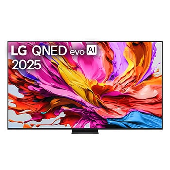 Frontansicht des LG QNED evo TV, LG QNED evo Al Logo in der oberen Ecke. LG QNED evo TV zeigt bunte Paintike-Texturen, die zusammenkommen.