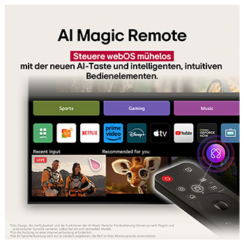 LG AI Magic Remote im Vordergrund. Das AI-Tastensymbol ist hervorgehoben. Im Hintergrund ist die LG webOS-Oberfläche zu sehen. Der Mauszeiger zeigt an, dass die Fernbedienung in Gebrauch ist. Der Text erklärt, wie die Funktionen und Bedienelemente der Fernbedienung das Navigieren in webOS erleichtern. 