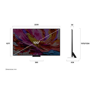 Frontansicht und Seitenansicht des LG QNED evo AI 4K Smart TV mit den Abmessungen Länge, Breite, Höhe und Tiefe.